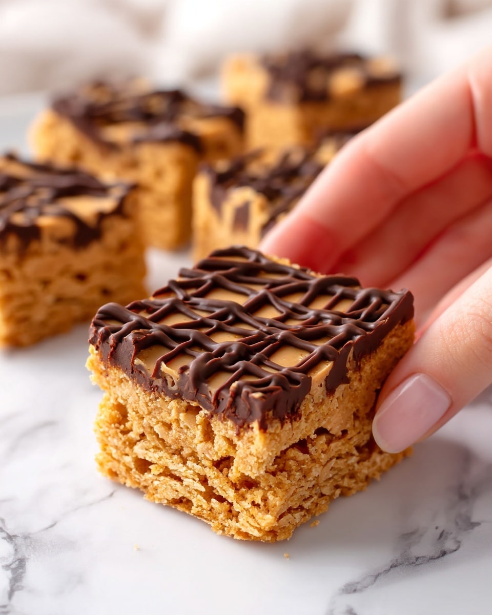 The image shows a square peanut butter dessert bar with three layers. The bottom layer is a dense light brown peanut butter base with a slightly crumbly texture. The top layer is thin and dark brown, made of smooth chocolate drizzled in a crisscross pattern. The bar is placed on a white marbled surface, and a woman's hand is holding one corner of the bar. In the background, there are more of the same bars, slightly out of focus. photo taken with an iphone --ar 4:5 --v 7