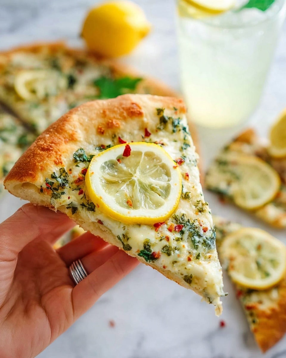 A slice of pizza is held by a woman's hand with a silver ring on the finger, showing a thick, puffy, golden-brown crust at the edge. The pizza slice has one thin, round lemon slice on top, lying on a creamy white cheese layer mixed with green herbs and small red chili flakes scattered around. In the blurred background, there are other pizza slices on a white marbled surface along with lemon wedges and a clear glass filled with ice cubes and a light yellow drink. photo taken with an iphone --ar 4:5 --v 7