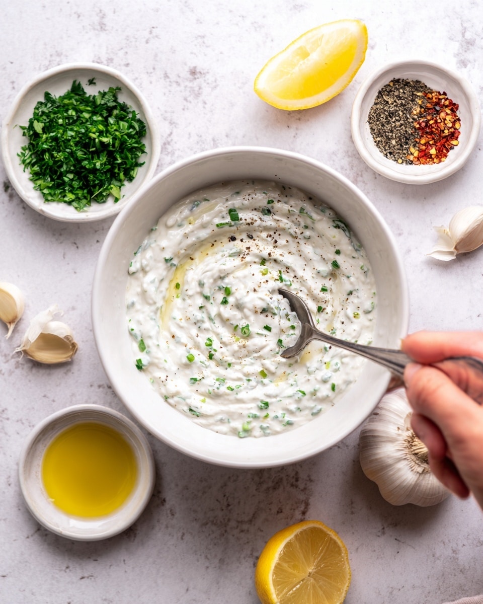 In the image, a white bowl sits on a white marbled surface filled with a creamy white dip speckled with small green herb pieces and a sprinkle of black pepper. A woman's hand holds a silver spoon stirring the dip, creating swirls in the creamy texture. Surrounding the bowl are small white dishes containing finely chopped green herbs, a golden olive oil, cracked black pepper, and red chili flakes. There are also two garlic cloves and a half lemon placed on the surface, adding natural colors of light yellow and pale white. The overall scene is bright and clean, with a fresh and inviting look. photo taken with an iphone --ar 4:5 --v 7