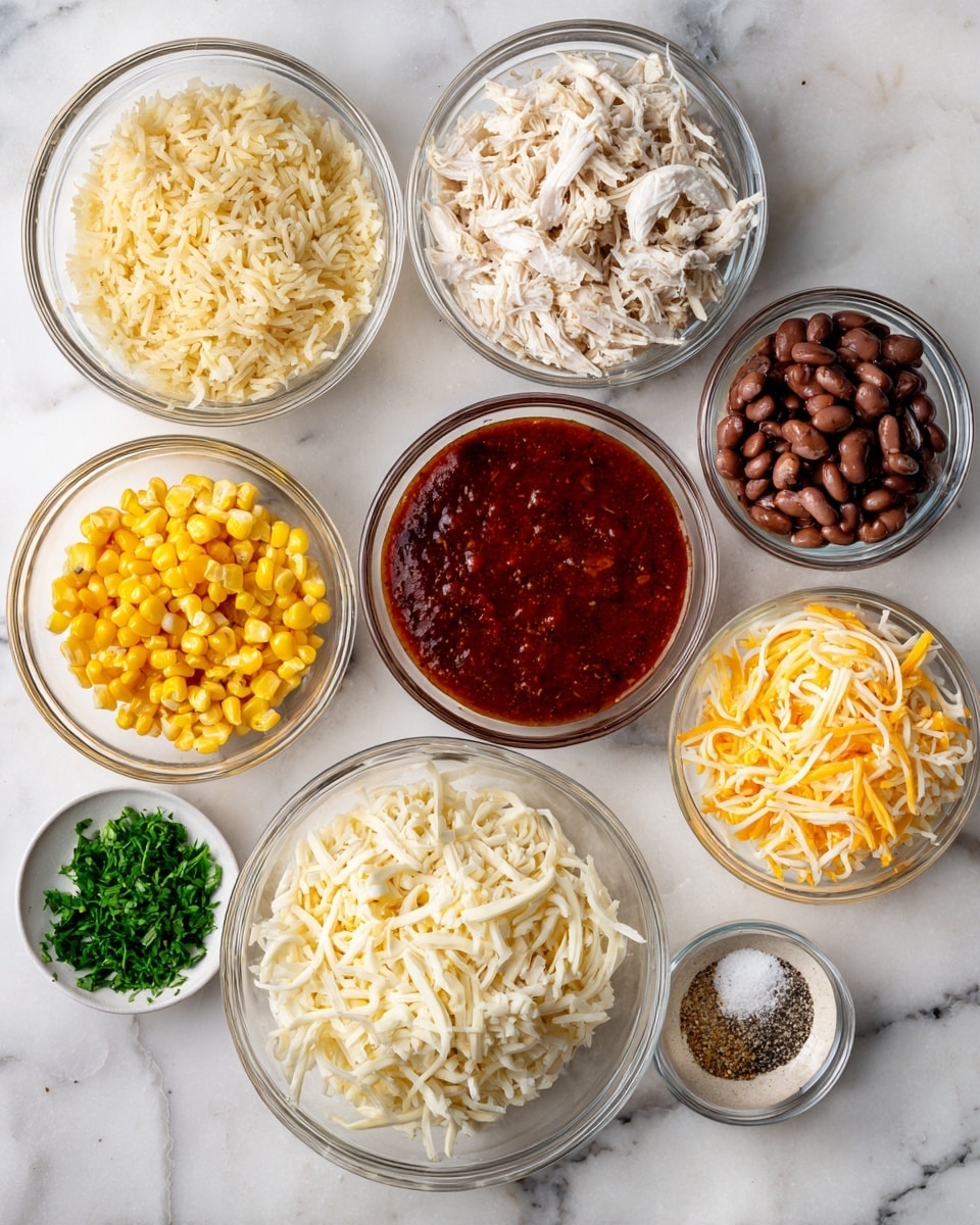 The image shows eight small, clear glass bowls arranged on a white marbled surface. Each bowl contains a different ingredient for a dish: shredded white chicken in the top center bowl, light yellow cooked rice in the upper left, dark brown refried beans in the upper right, a deep red enchilada sauce in the center, shredded pale yellow Monterey Jack cheese in the lower left, shredded white cheddar cheese in the lower right, bright yellow corn kernels in the lower center, and finely chopped green parsley in a tiny bowl at the bottom left. A very small bowl of salt and pepper mix sits at the bottom right. The photo taken with an iphone --ar 4:5 --v 7