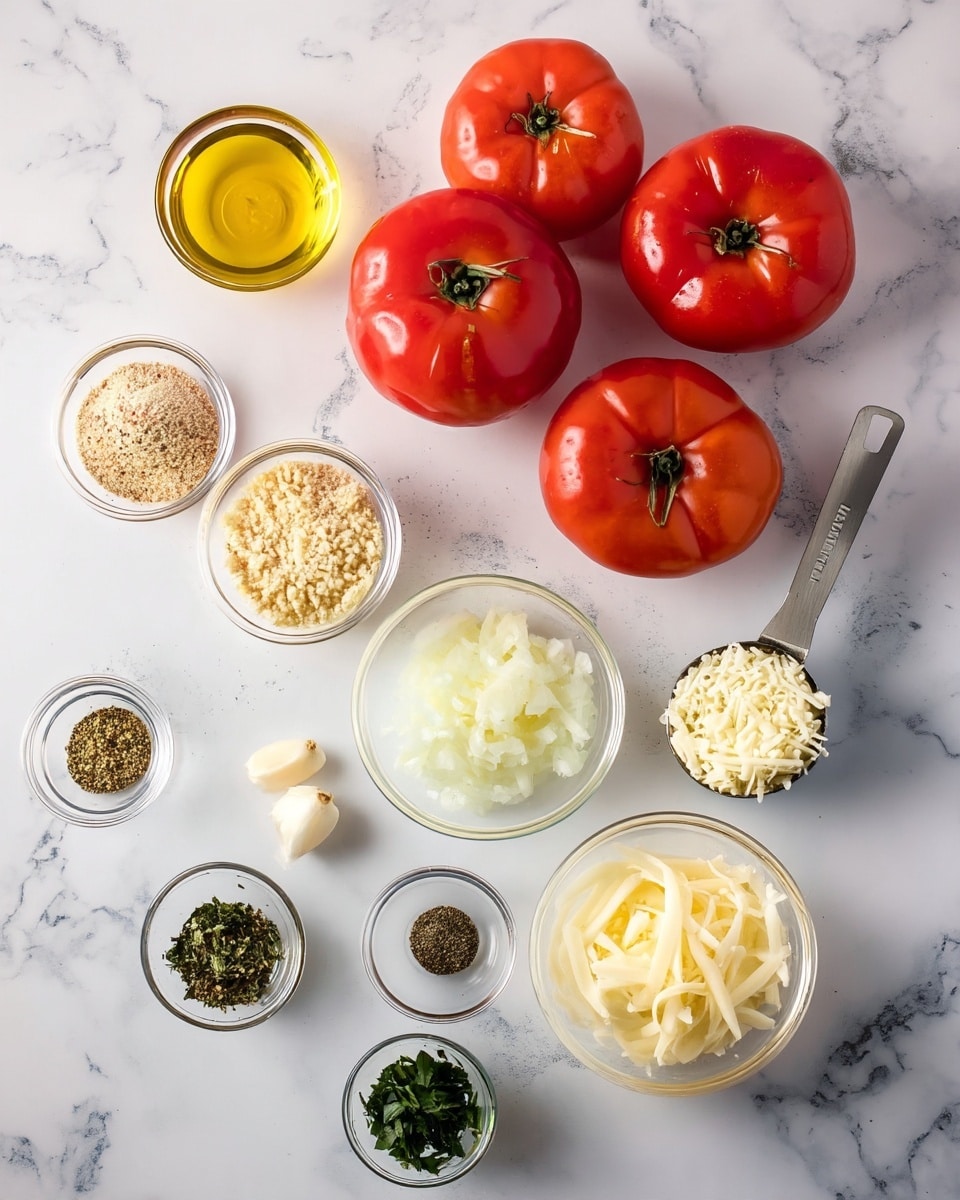 The image shows a clean white marbled surface with several cooking ingredients neatly arranged. At the top right, there are four bright red whole tomatoes with green stems showing texture and shine. To the left of the tomatoes, a small clear glass bowl holds golden yellow olive oil. Below the oil, two small clear glass bowls contain light brown breadcrumbs and finely grated pale cheese. At the center, a small bowl holds white chopped onions with a soft texture. A metal measuring cup filled with shredded cheese sits to the right of the tomatoes. Near the bottom, two garlic cloves rest next to small clear glass bowls of mixed dried herbs, black pepper, and fresh chopped green herbs. On the right side near the bottom, a bowl holds pale yellow shredded cheese strips. All items are evenly spaced with natural lighting on a white marbled texture photo taken with an iphone --ar 4:5 --v 7