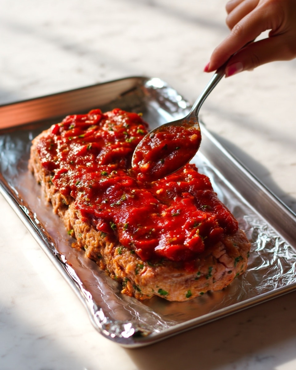 A close-up of a raw meatloaf shaped into a thick, oval layer with green herbs mixed inside, resting on a shiny foil-lined tray. On top, a thick layer of chunky red tomato sauce is being spread evenly with a spoon held by a woman's hand, showing a mix of tomato pieces and visible herbs. The background is a white marbled surface with soft natural light highlighting the textures and colors. Photo taken with an iphone --ar 4:5 --v 7
