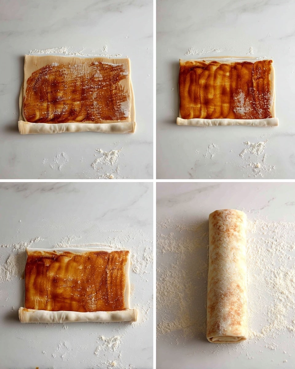 The image shows four steps of making a rolled pastry. The first step has a light beige, flat square sheet of dough on a white marbled surface. The second step shows the same dough square covered with an even layer of brown sauce spread across the entire top. In the third step, the dough is folded up halfway from the bottom edge, keeping the brown sauce visible on the folded part. The fourth step shows the dough rolled tightly into a long cylinder, resting on the white marbled surface with some flour dusted around. Each step is placed in its own quadrant and all show the same white marbled background. photo taken with an iphone --ar 4:5 --v 7