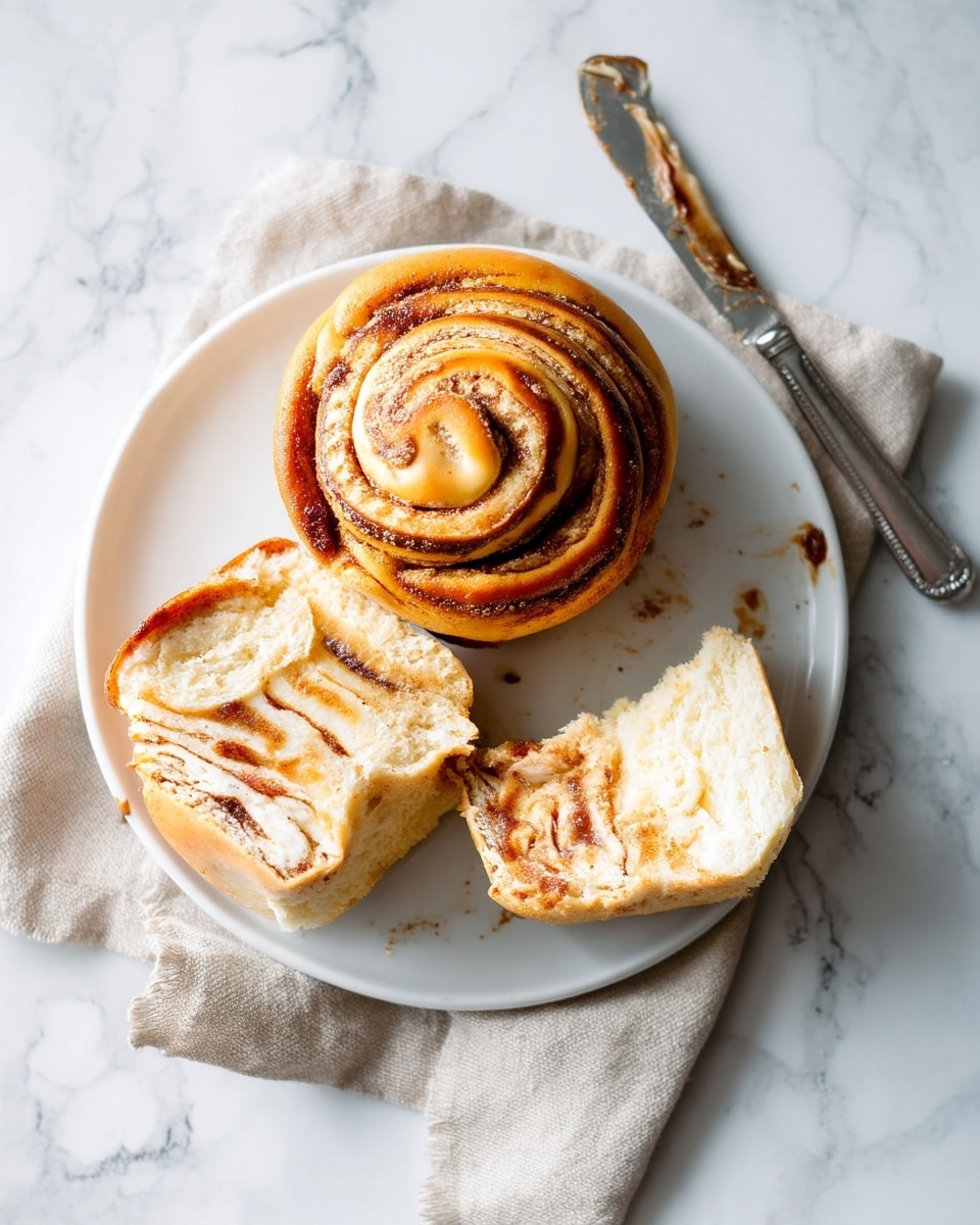 The image shows a white plate with two cinnamon rolls on a white marbled surface. One cinnamon roll is whole, round, and swirled with golden brown and light beige layers of dough and cinnamon sugar. The other roll is split in half, displaying soft, fluffy layers inside with a slightly toasted brown top, showing a few uneven swirls of cinnamon. A metal knife with some spread residue lies beside the plate on the white marbled surface, next to a beige cloth. The lighting highlights the texture of the rolls and the reflection on the knife handle. photo taken with an iphone --ar 4:5 --v 7