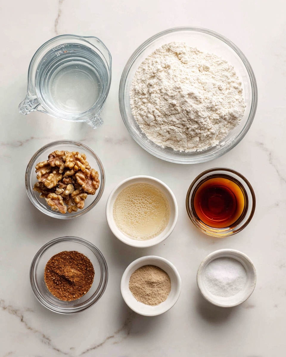 Honey Walnut Sourdough Bread Recipe (Sweet, Nutty & Spiced) Recipe 4 The image shows eight clear glass and white bowls with different baking ingredients on a white marbled surface. The largest bowl on the top right is filled with off-white flour with a slightly rough texture. To the top left, a clear glass measuring cup holds clear water. Below the water, a small white bowl contains a bubbly beige starter. In the middle row, a small clear glass bowl on the left has medium brown walnuts with a rough, uneven texture, and to the right of it, another clear bowl contains dark amber honey with a smooth surface. On the bottom row, a small white bowl of light cinnamon brown powder and another small white bowl of fine white salt complete the arrangement. Each bowl is neatly spaced and labeled clearly with black text on white backgrounds. Photo taken with an iphone --ar 4:5 --v 7