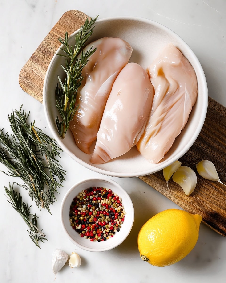 The image shows three raw chicken pieces placed inside a white bowl on a wooden board, with a small white bowl of olive oil nearby. Below the bowl, there is a small white bowl with mixed spices of red, black, and white colors, and sprigs of fresh rosemary lie to the left. Next to the spices is a small white bowl of lemon juice and a whole yellow lemon to the right. Near the bottom, there are a few garlic cloves scattered on the white marbled surface. The arrangement is neat and bright with natural light, and the background is white marble. Photo taken with an iphone --ar 4:5 --v 7