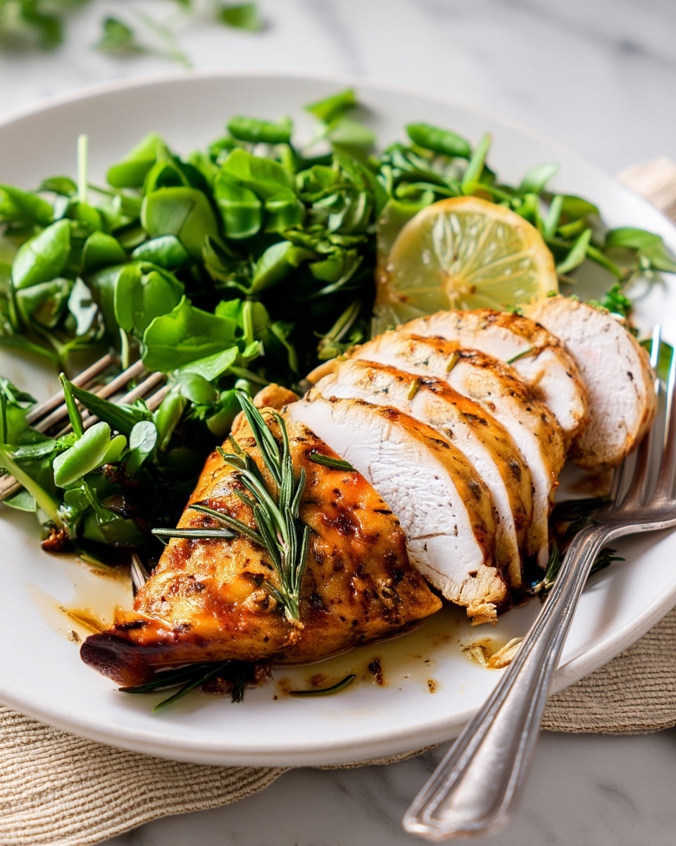 A white plate holds a sliced cooked chicken piece with a golden-brown crust, seasoned with herbs like rosemary placed on top and around it; the chicken is sliced into five layers showing a tender, white inside. To the left of the chicken is a heap of bright green watercress leaves adding fresh color, and behind the chicken is a thin slice of lemon partly visible. A silver fork rests underneath a part of the watercress on the left side. The plate sits on a white marbled surface with a beige cloth slightly visible on the right side. photo taken with an iphone --ar 4:5 --v 7
