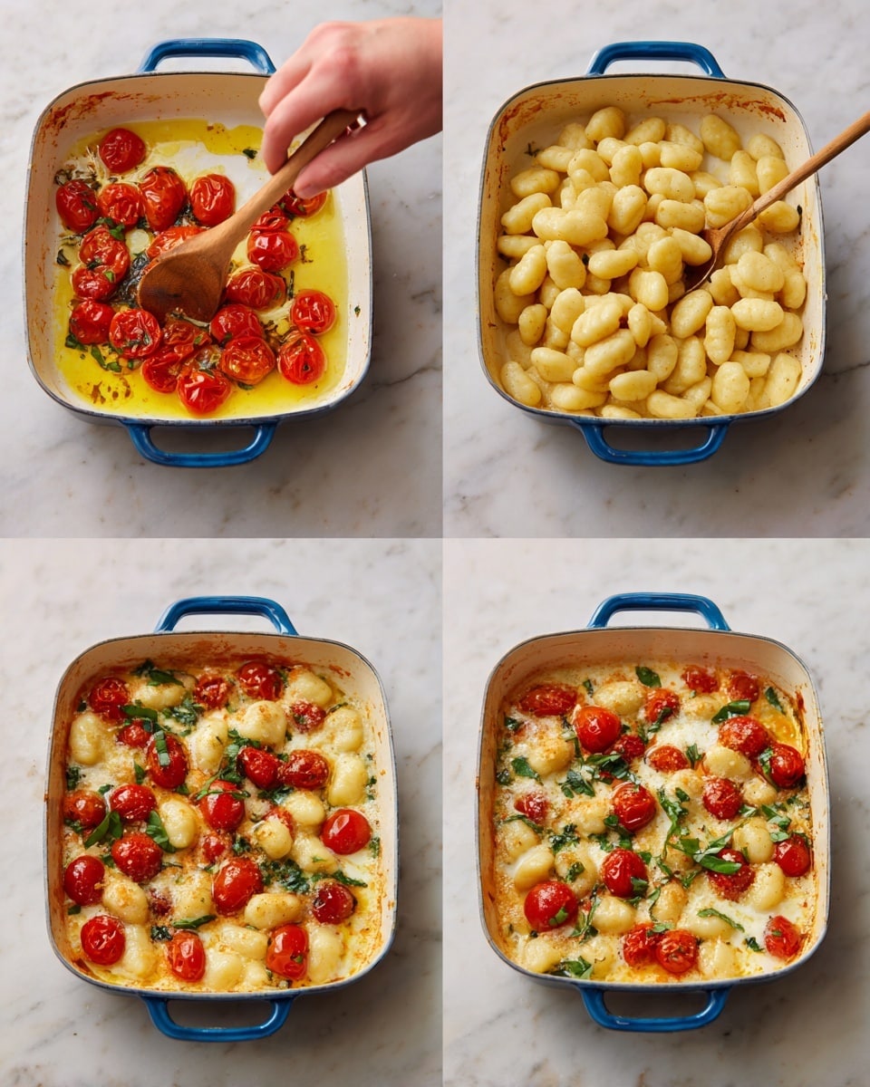 The image shows four steps of making a creamy tomato gnocchi dish in a white rectangular pan with blue handles. The top left part shows a woman's hand stirring roasted cherry tomatoes, melted cheese, and green herbs in golden olive oil. The top right part shows pale yellow gnocchi being poured onto the tomato mixture. The bottom left part shows the gnocchi mixed with the tomatoes and cheese, with a wooden spoon stirring. The bottom right part shows the finished dish, creamy with soft gnocchi, roasted tomatoes, and green basil pieces on top, all sitting on a white marbled surface. Photo taken with an iphone --ar 4:5 --v 7