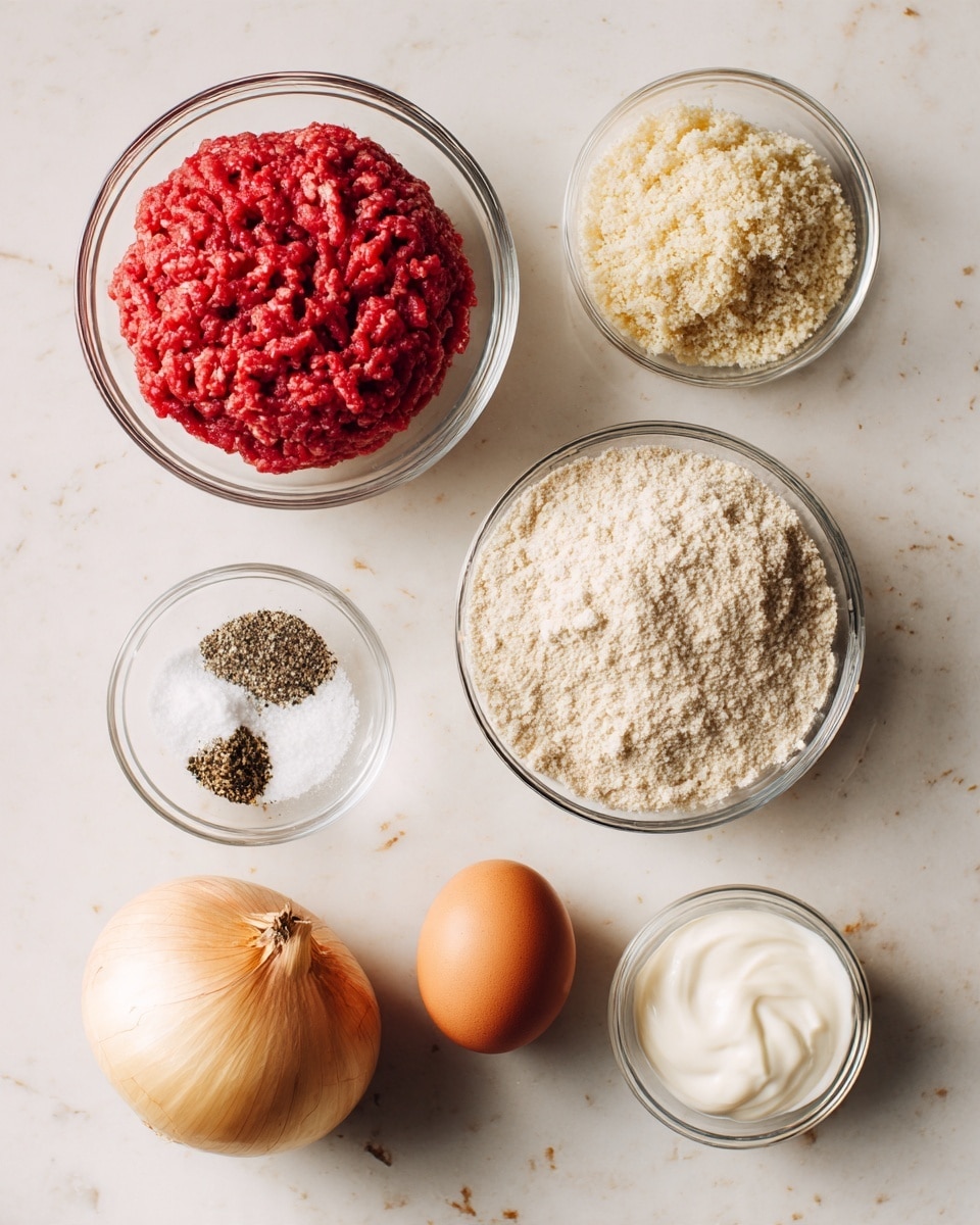 The image shows six cooking ingredients neatly arranged on a white marbled texture. At the top left, there is a clear glass bowl holding bright red ground beef shaped into a round patty. To its right, another clear glass bowl contains beige bread crumbs, piled evenly. Below the meat bowl is a whole light brown onion with its papery outer skin intact. Towards the bottom center, a single brown egg sits uncracked. To the left of the egg, a small clear bowl holds white salt and black pepper side by side. On the bottom right, a small clear bowl is filled with white cream. The arrangement is clean and simple, with each ingredient spaced evenly and labeled with black text on white rounded rectangles. Photo taken with an iphone --ar 4:5 --v 7