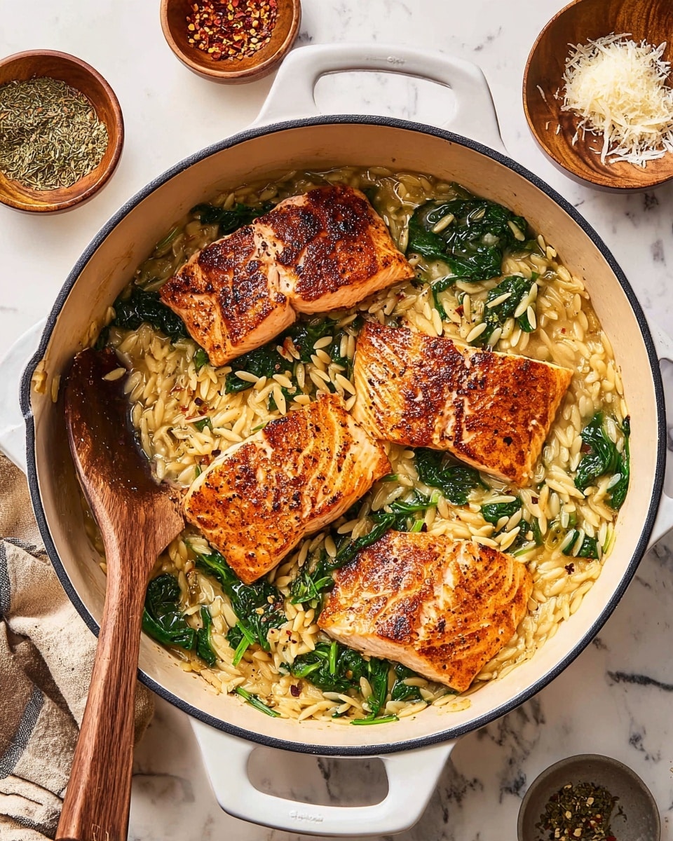 One Pan Lemony Salmon Orzo Recipe