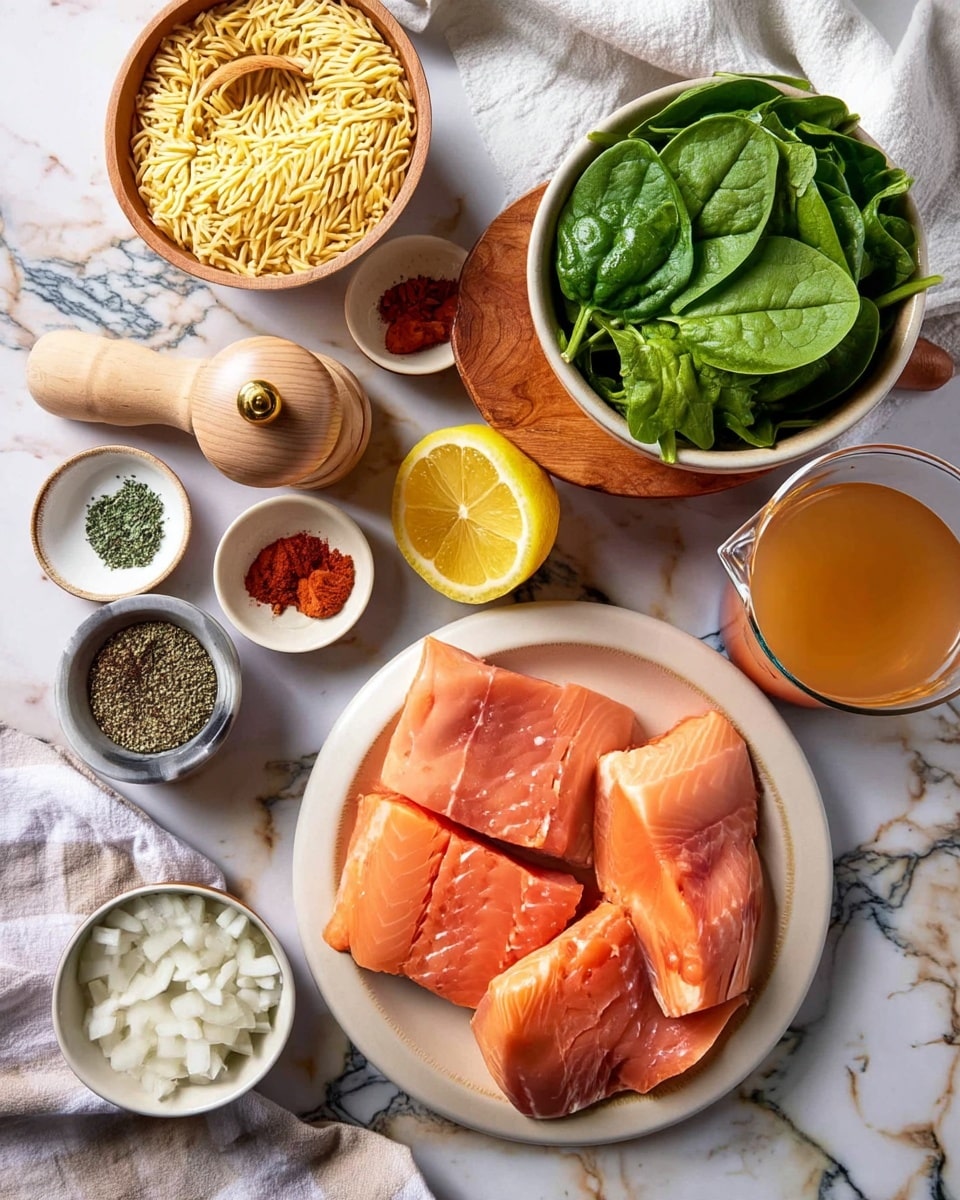 The image shows fresh cooking ingredients arranged on a white marbled surface. In the center bottom, four pieces of bright orange raw salmon fillets rest on a white plate. To the right, a small white bowl holds chopped white onions. Above that, a white bowl filled with fresh green spinach leaves sits on a round wooden board along with two halves of a bright yellow lemon and a wooden lemon juicer. To the left of the salmon, there is a wooden bowl filled with pale yellow orzo pasta with a wooden spoon. Nearby, a variety of small bowls contain seasonings: red spices, dried herbs, salt, and crushed red pepper flakes. There is also a clear glass measuring cup with a light brown broth, a small glass container with golden olive oil, and a wooden pepper grinder. A large pan lined with parchment paper is in the top right corner. A white cloth is draped on the bottom left corner. Photo taken with an iphone --ar 4:5 --v 7