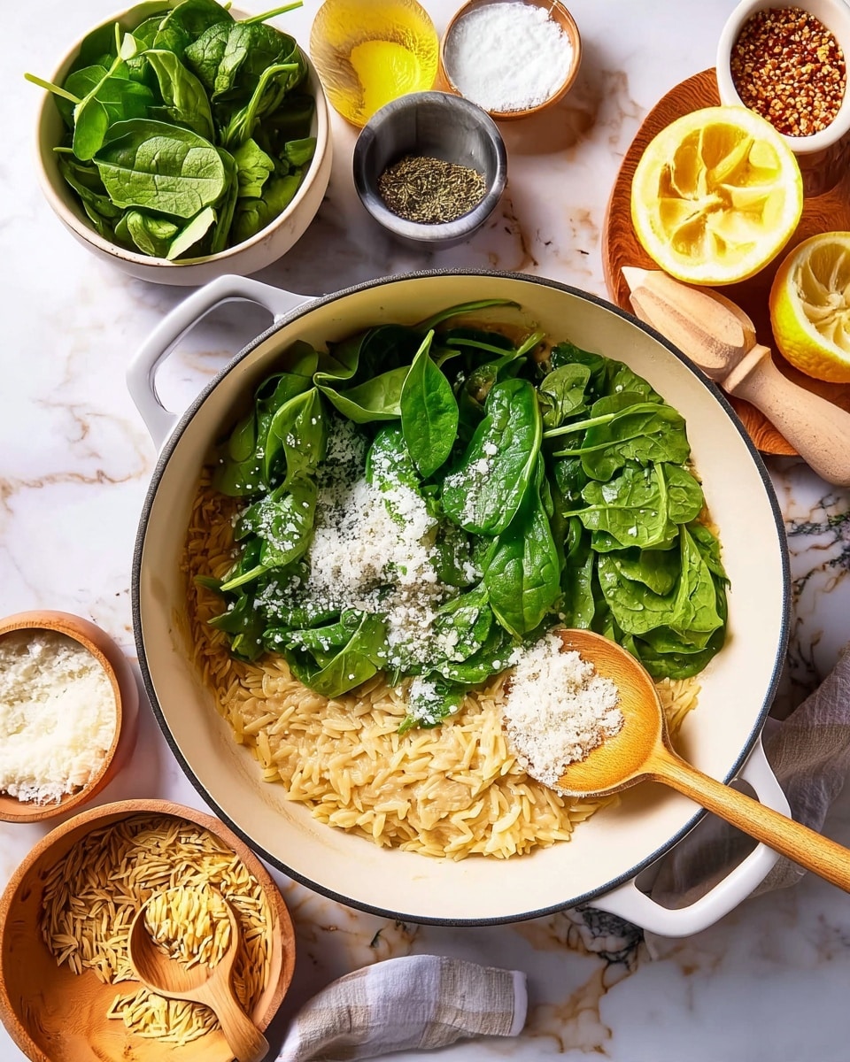 A white pot filled with cooked orzo rice at the bottom, light golden in color, topped with fresh green spinach leaves scattered evenly, and a pile of finely grated white cheese mainly in the center. A wooden spoon rests inside the pot touching the orzo. Around the pot on a white marbled surface are a white bowl with more fresh spinach, small bowls with herbs and grated cheese, a wooden board with halved lemons and a wooden lemon juicer. The scene has a soft, natural light. Photo taken with an iphone --ar 4:5 --v 7