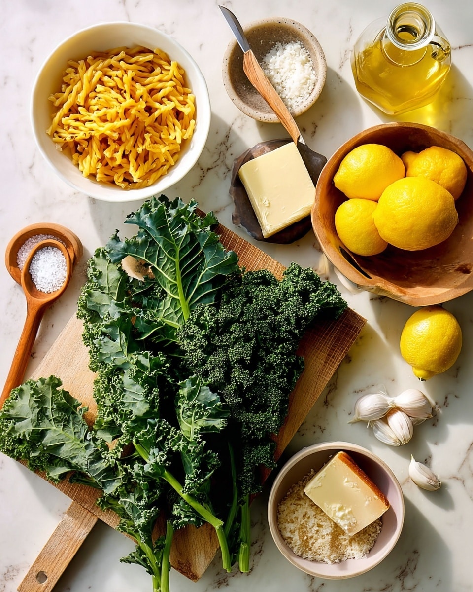 A flat lay showing fresh cooking ingredients arranged on a white marbled surface. At the center is a wooden cutting board with large, dark green curly kale leaves spread across it. To the upper left is a white bowl filled with yellow twisted pasta. Surrounding these are small white bowls holding coarse salt, a wedge of hard cheese with a few crumbs beside it, and a wooden spoon resting on a ground, light brown powder in a white bowl. On the upper right is a wooden bowl holding two whole bright yellow lemons. There is also a small bottle of golden olive oil and a small bowl with garlic cloves. A butter knife rests on a bowl with a stick of pale yellow butter. The overall tone is fresh and natural with soft lighting. photo taken with an iphone --ar 4:5 --v 7