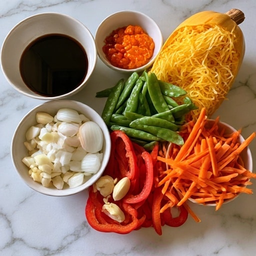 Spaghetti Squash Chow Mein Recipe 4 A white bowl filled with spaghetti squash chow mein, showing soft, pale yellow shredded squash strands mixed with thin, bright orange carrot strips and fresh green snap peas scattered throughout. The dish has a light, slightly glossy texture from the sauce coating the squash and vegetables evenly. Small bits of green herbs add a touch of freshness on top, all presented on a white marbled surface with a grey and red striped cloth beside the bowl. photo taken with an iphone --ar 4:5 --v 7