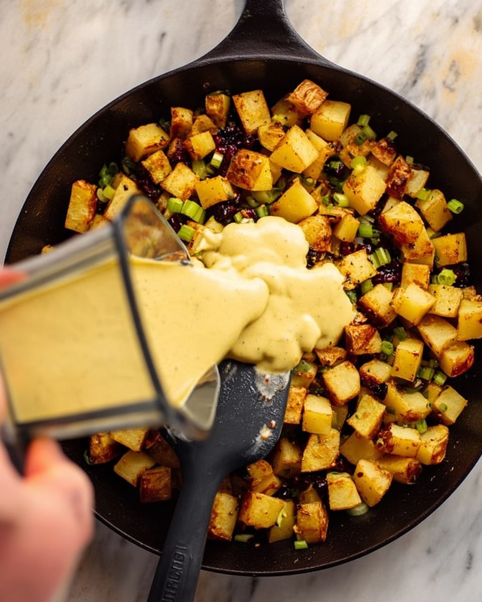 A close-up view of a dark cast iron pan on a white marbled surface, filled with small golden-brown cubes of cooked potatoes mixed with bits of green onion and dark seasoning spices, covering the entire base of the pan. A woman's hand is holding a black spatula and pouring a thick, pale yellow sauce from a clear blender jug into the center of the potato mixture, creating a smooth layer of sauce on top. The potato cubes have a slightly crispy texture with some light browning. Photo taken with an iphone --ar 4:5 --v 7