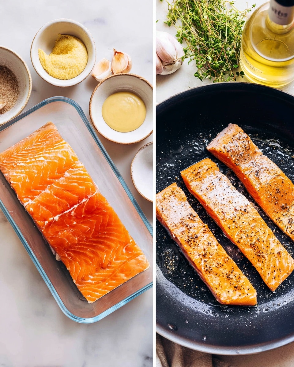 The image shows two scenes side by side on a white marbled surface. On the left, there is a large piece of raw salmon in a clear container, the salmon is bright orange with even white fat lines and is sprinkled with black pepper. Around it, there are small white bowls with yellow mustard, grainy mustard, and a clear light yellow liquid, a shallot and garlic cloves, some fresh green herbs, and a bottle of white wine. On the right, there are five salmon strips cooking in a black frying pan with oil, the salmon is golden brown on the cooked side, showing a crispy texture with black pepper on top. The pan sits on the white marbled surface. photo taken with an iphone --ar 4:5 --v 7
