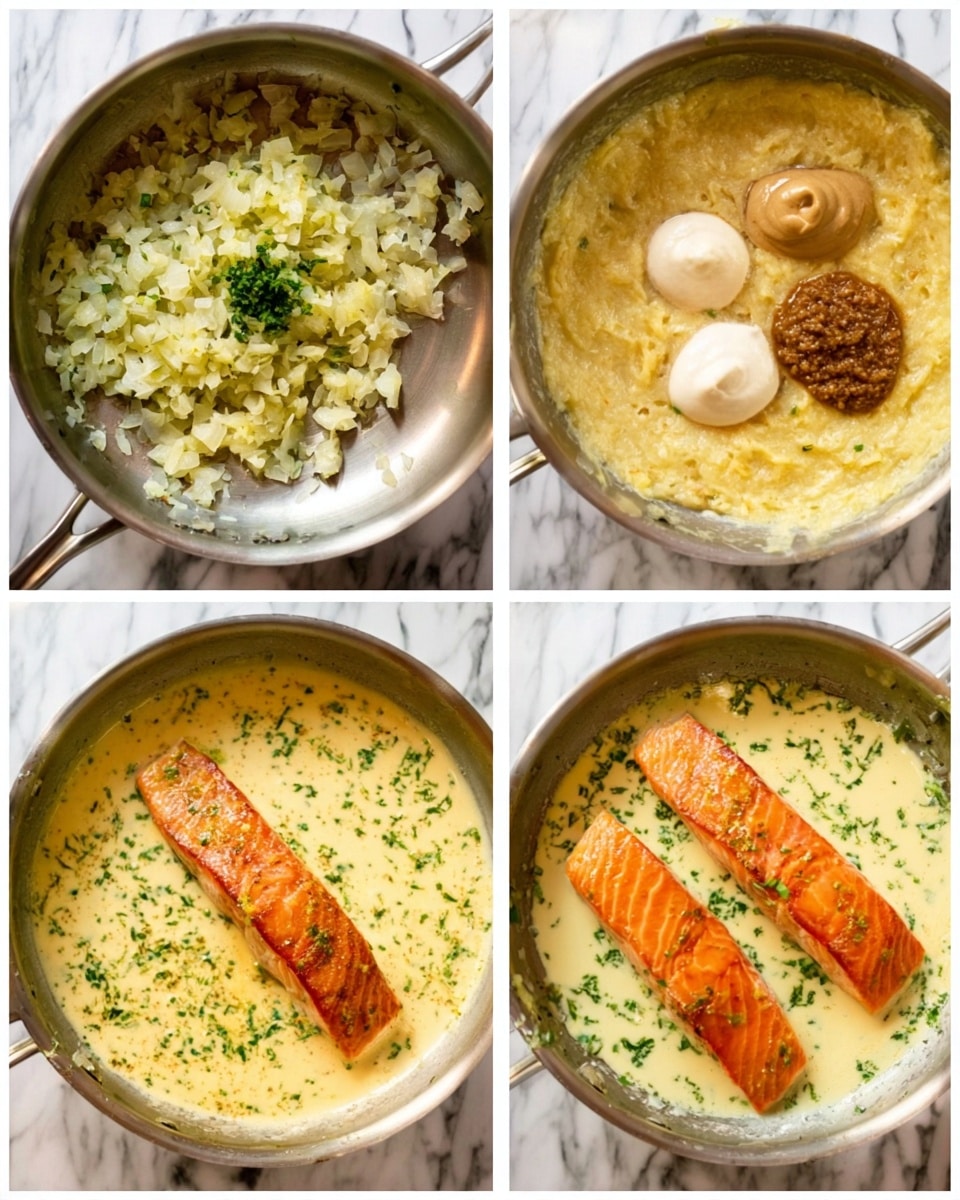 A collage of four images showing cooking steps in a metal pan on a white marbled surface. The first image shows finely chopped onions with a bit of green herb on top, cooking with some oil, forming a pale yellow and green mix at the pan's center. The second image has the cooked onion mix now combined with three dollops of different sauces: one light brown, one creamy beige, and one dark brown grainy mustard sauce, all sitting on top of the yellowish mixture with small green herbs sprinkled around. The third image shows the sauce stirred, creamy and light yellow with swirls of cream and green herbs mixed evenly throughout. The fourth image has four pieces of cooked salmon with orange skin, lying in the creamy sauce with herbs, showing a rich, thick texture of the cream base. Photo taken with an iphone --ar 4:5 --v 7