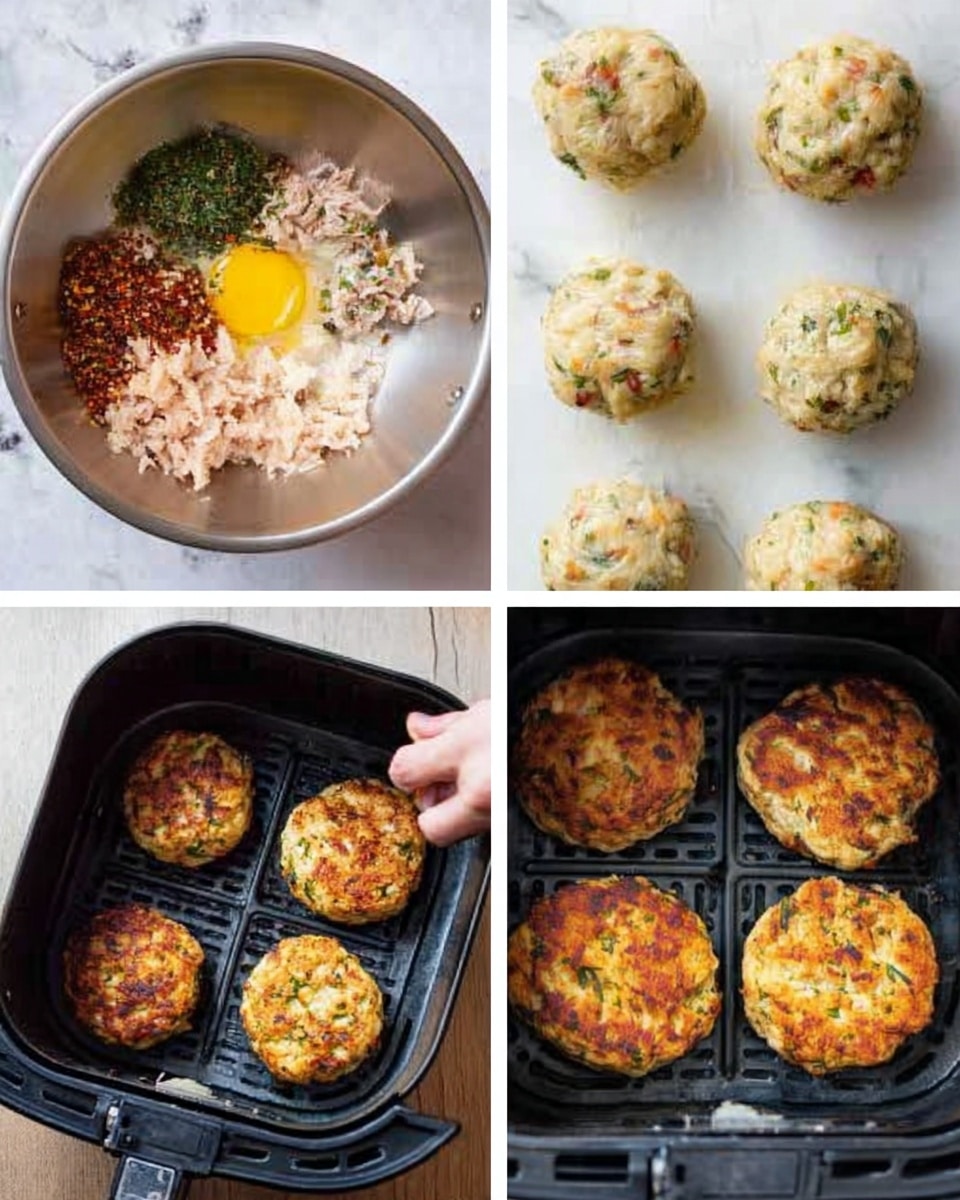 The image shows four stages of making round chicken patties. The first stage in the top-left corner has a large metal bowl with raw ground chicken, a single egg yolk, breadcrumbs, chopped herbs, and spices visible, all mixed together. The second stage in the top-right corner shows six uncooked chicken patties shaped into balls, placed close together on a white marbled surface. The third stage in the bottom-left corner has six patties flattened slightly and placed on a black air fryer tray, ready for cooking, with a woman’s hand just out of frame. The final stage in the bottom-right corner shows six fully cooked golden-brown patties on the same black air fryer tray, with a crisp texture on top. Photo taken with an iphone --ar 4:5 --v 7